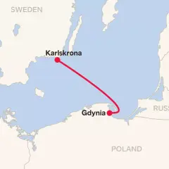 Mapa pokazująca trasę promu z Gdyni do Karlskrony przez Morze Bałtyckie.