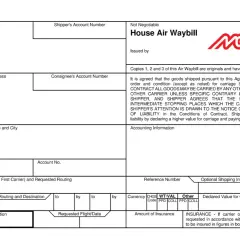 Formularz morskiego listu przewozowego z polami do wypełnienia, logo firmy i tekstem warunków przewozu.