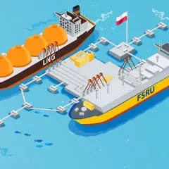 Ilustracja terminalu FSRU z tankowcem LNG i statkiem FSRU połączonymi rurociągami.