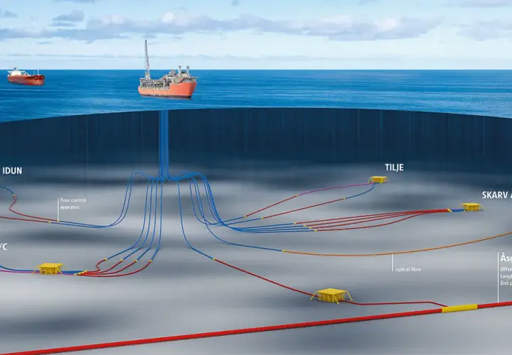 Ilustracja przedstawia podwodne systemy wydobywcze z rurociągami i jednostką FPSO na powierzchni.