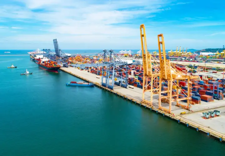 Widok na port kontenerowy z dźwigami, statkami i stosami kontenerów w słoneczny dzień.