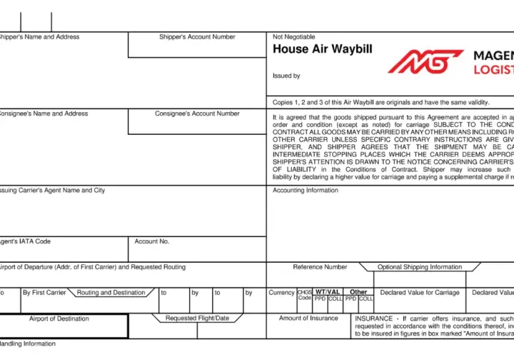 Formularz morskiego listu przewozowego z polami do wypełnienia, logo firmy i tekstem warunków przewozu.