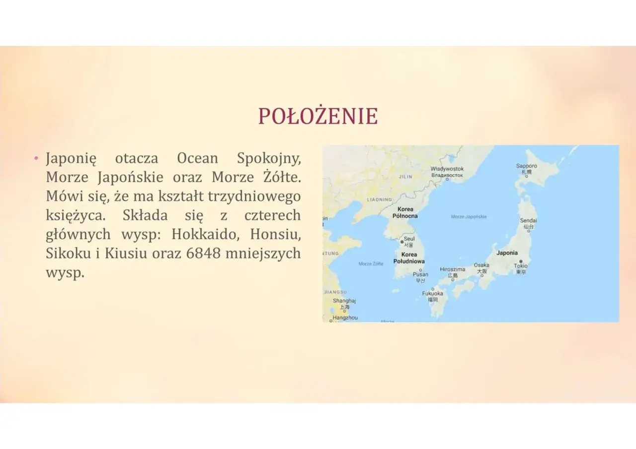 Mapa pokazuje położenie Japonii, otoczonej przez Morze Japońskie i Morze Żółte. Kraj ten, przypominający kształtem księżyc, składa się z wielu wysp.