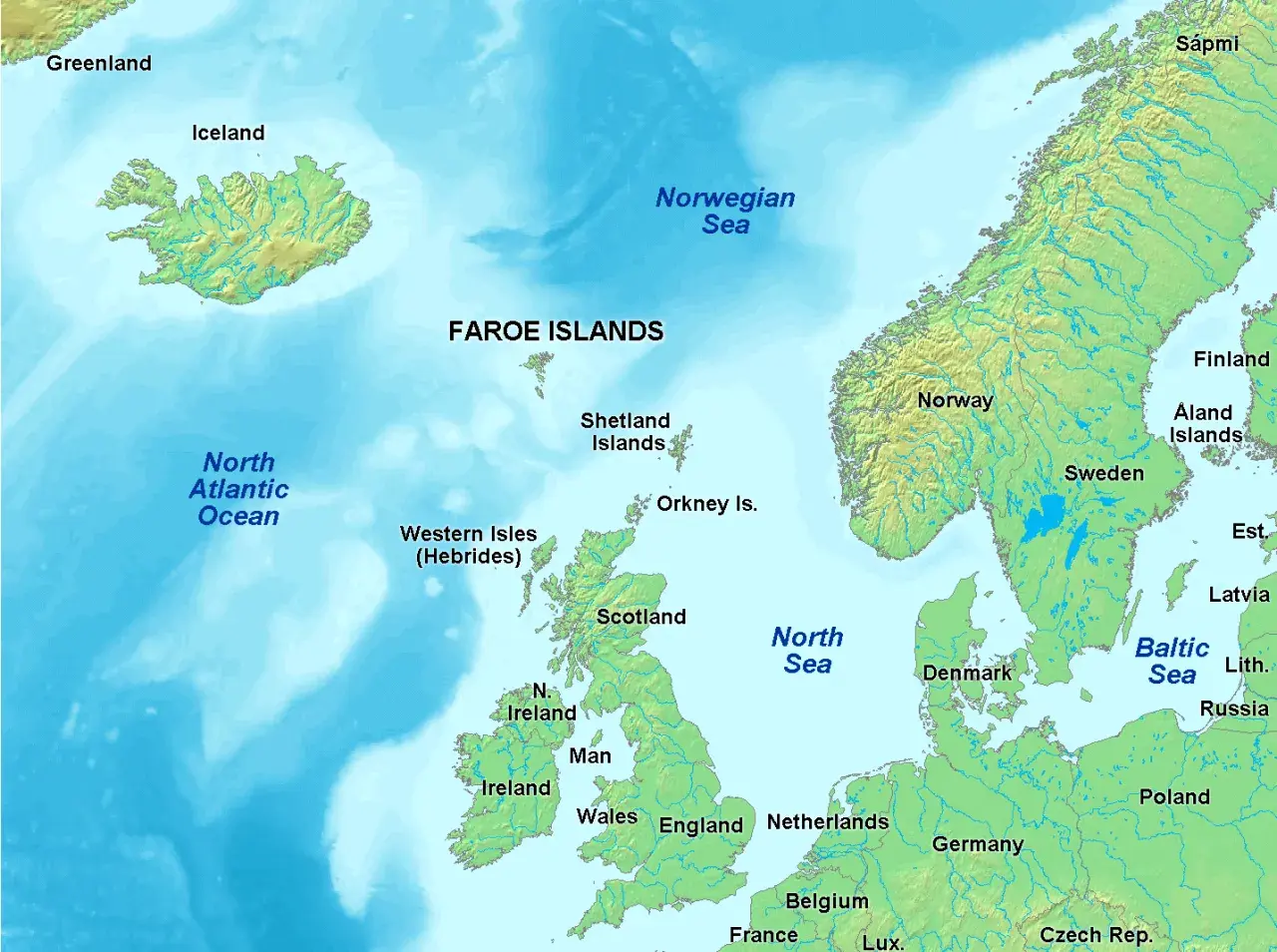 Mapa północno-zachodniej Europy z zaznaczonymi wyspami, w tym Irlandią, otoczonymi przez Ocean Atlantycki i Morze Północne.